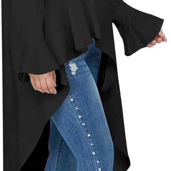 Women’s Button Down Long Sleeve Asymmetric Ruffle High Low Hem Blouse Shirt Top - Picture 3 of 3